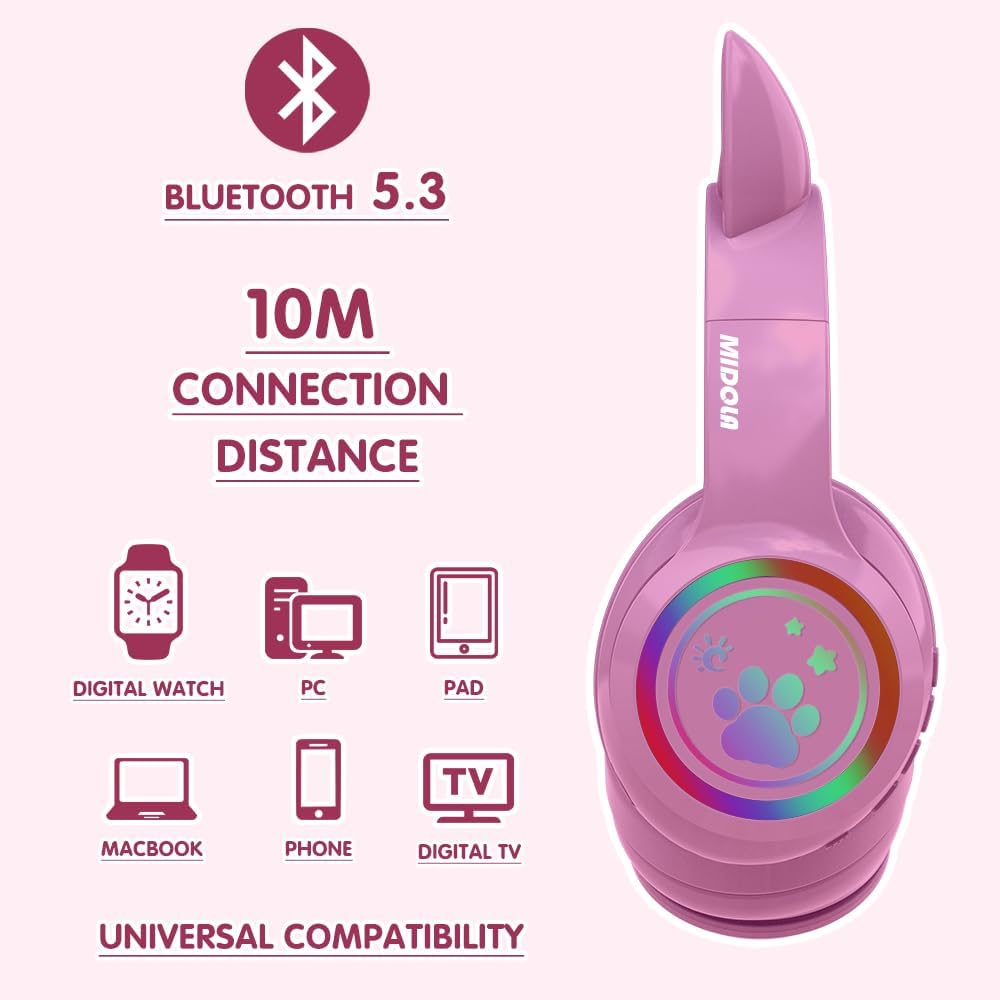 MIDOLA ヘッドホン 猫耳 ワイヤレス Bluetooth 5.3 60時間 オーバーイヤー 8時間 LEDライト付き 折りたたみ式 音楽ゲーミングヘッドセット AUX 3.5mmマイク付き ゲームパッド タブレット ノートパソコン 電話用 ピンク - Image 4