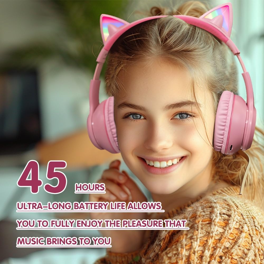 MIDOLA ヘッドホン 猫耳 ワイヤレス Bluetooth 5.3 60時間 オーバーイヤー 8時間 LEDライト付き 折りたたみ式 音楽ゲーミングヘッドセット AUX 3.5mmマイク付き ゲームパッド タブレット ノートパソコン 電話用 ピンク - Image 7