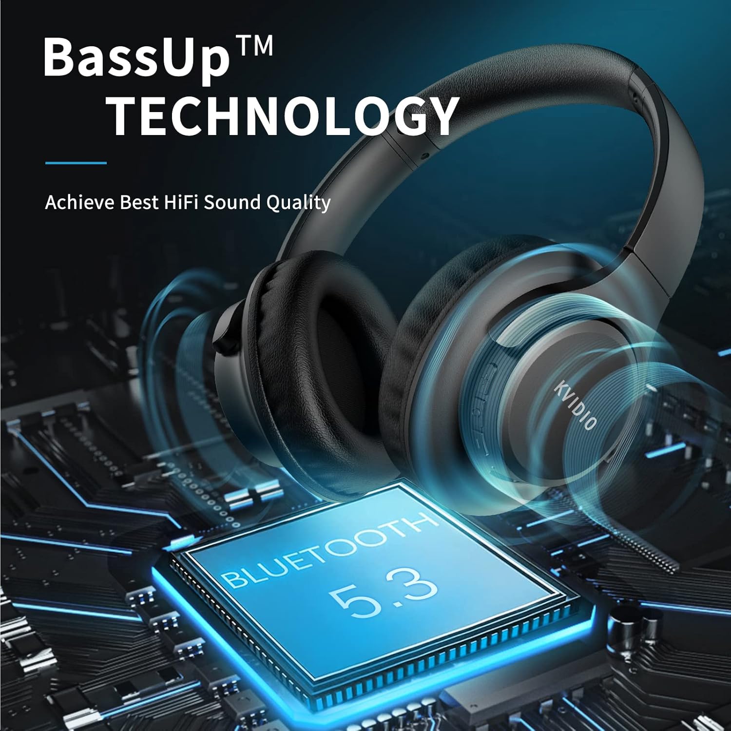 KVIDIO Bluetoothヘッドホン オーバーイヤー 65時間再生 ワイヤレスヘッドホン マイク付き 折りたたみ式軽量ヘッドセット 重低音 HiFiステレオサウンド 旅行 仕事 携帯電話用 - Image 6