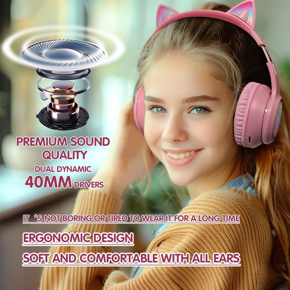 MIDOLA ヘッドホン 猫耳 ワイヤレス Bluetooth 5.3 60時間 オーバーイヤー 8時間 LEDライト付き 折りたたみ式 音楽ゲーミングヘッドセット AUX 3.5mmマイク付き ゲームパッド タブレット ノートパソコン 電話用 ピンク - Image 6